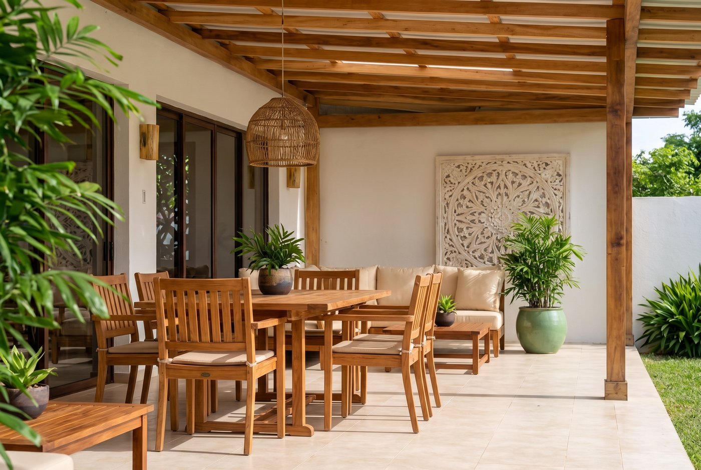 Covered terrace with lounge and dining area